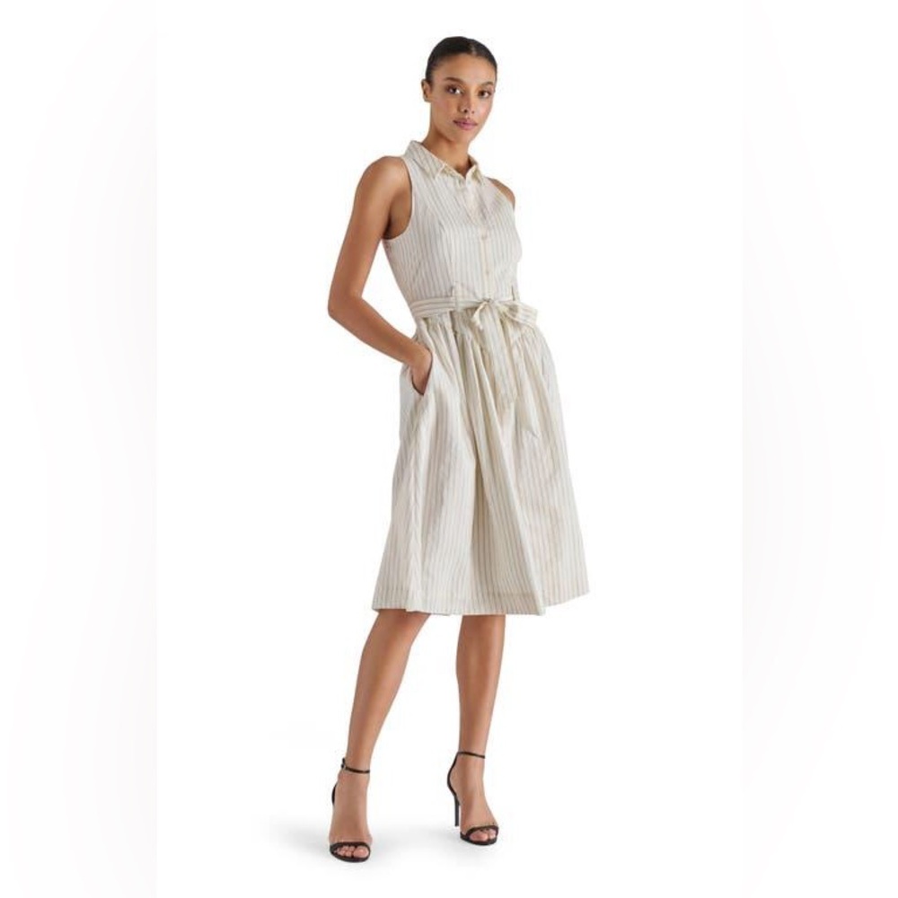 🌟 NWT Steve Madden Cream and Tan Striped Sleeveless Midi Shirt Dress Size 13